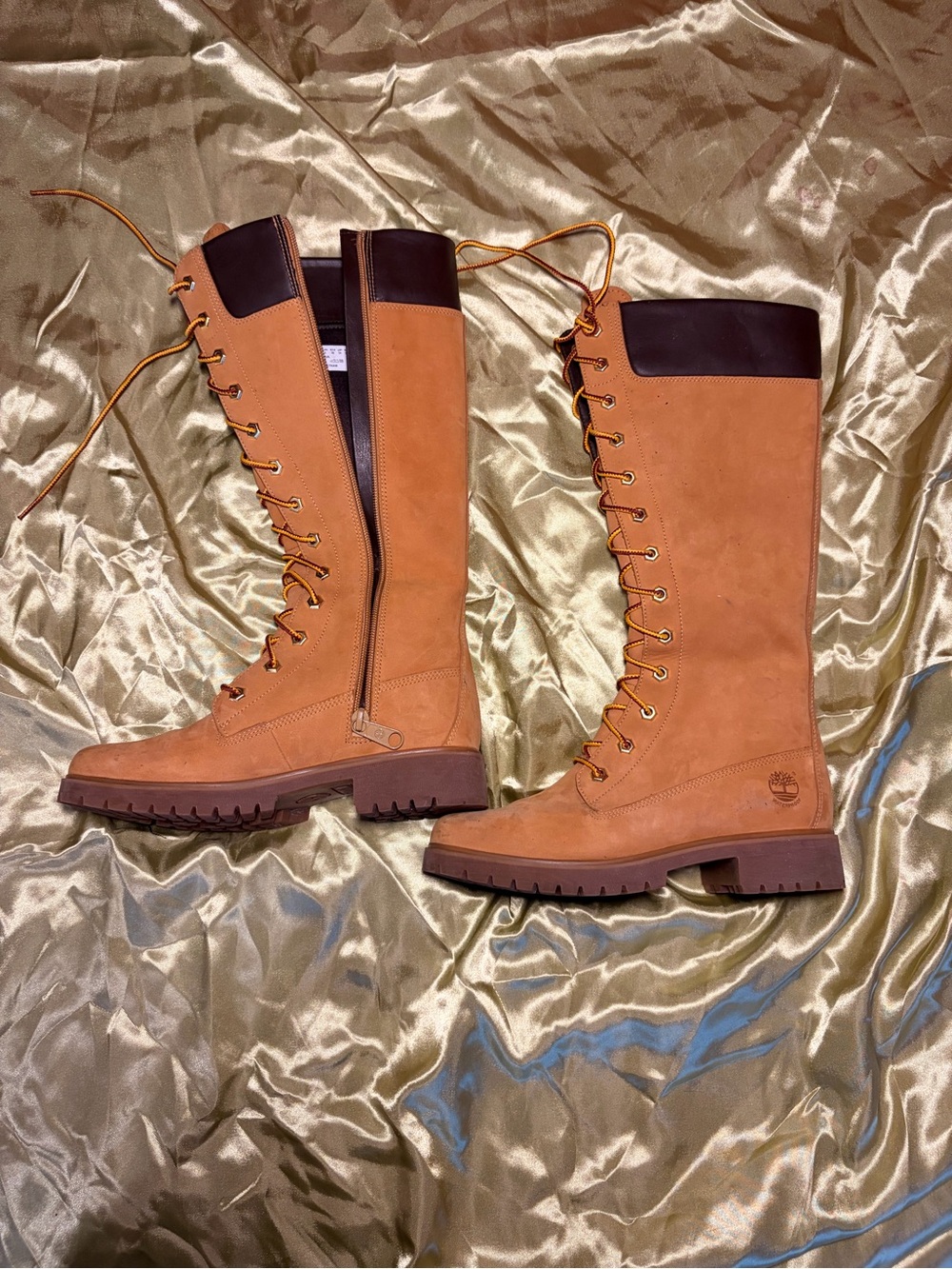 Timberland Women's Tan Lace-Up Knee-High Boots with Dark Brown Collar
